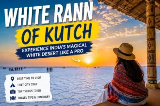 White Rann of Kutch travel guide thumbnail featuring the white desert, sunset views, and travel information.