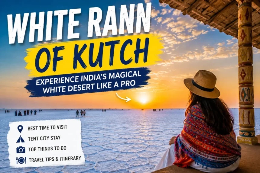 White Rann of Kutch travel guide thumbnail featuring the white desert, sunset views, and travel information.