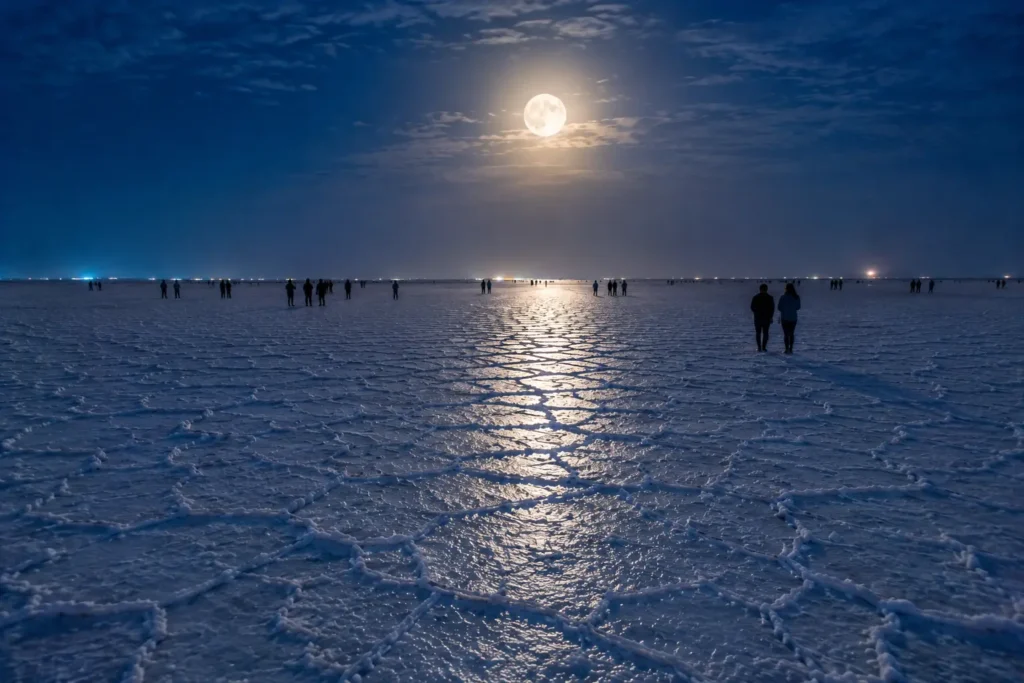 Full moon reflecting across the White Rann of Kutch salt flats with visitors enjoying the moonlit desert.
