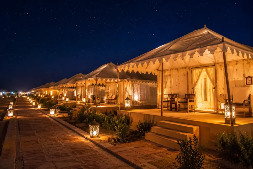 Luxury tents illuminated at night in Tent City near White Rann of Kutch during Rann Utsav.